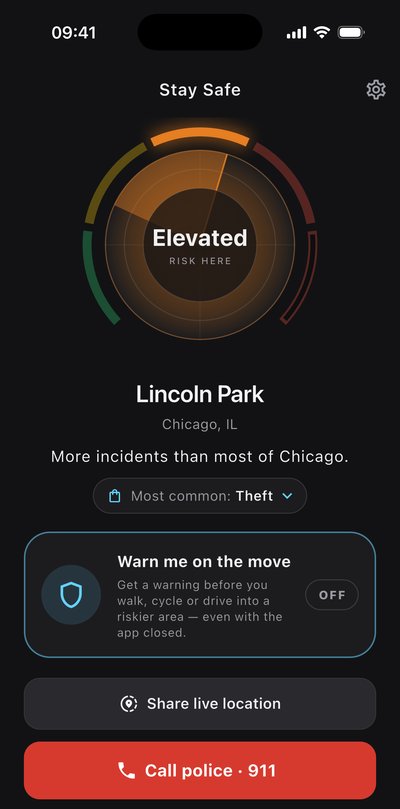 The app showing an Elevated risk level for Lincoln Park, Chicago, with the alerts shield and the Share live location and Call police buttons